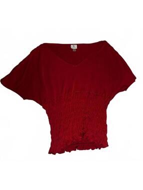 Worthington Stretch Red V-Neck Smocked Waist Top L